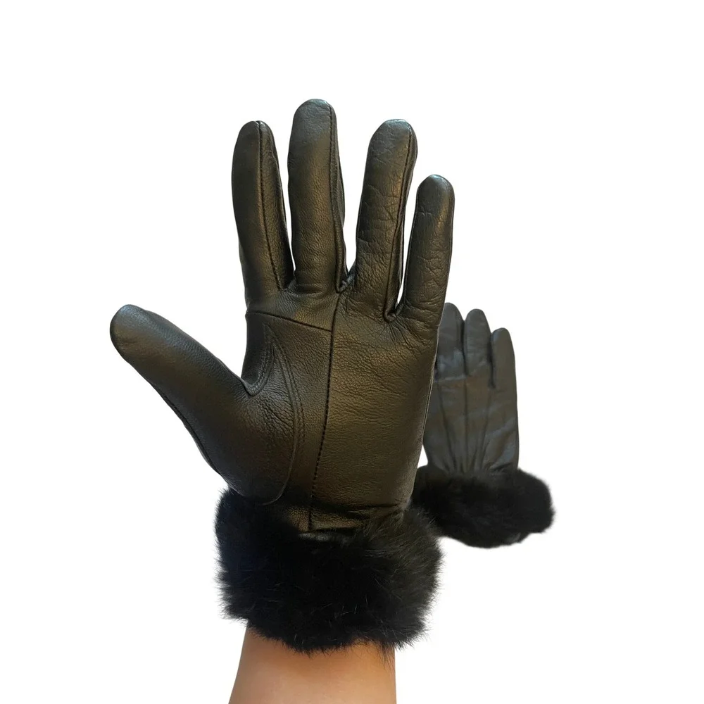 Black Leather Fur Trim Gloves Lined Winter Size S
